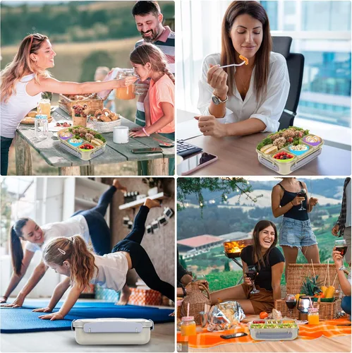 Vista 7 de Yumuk Caja Bento para Adultos, Contenedores de Almuerzo para Adultos Hombres Mujeres, 5 Tazas Bento con 4 Compartimentos y Spork y Caja de Salsa, A