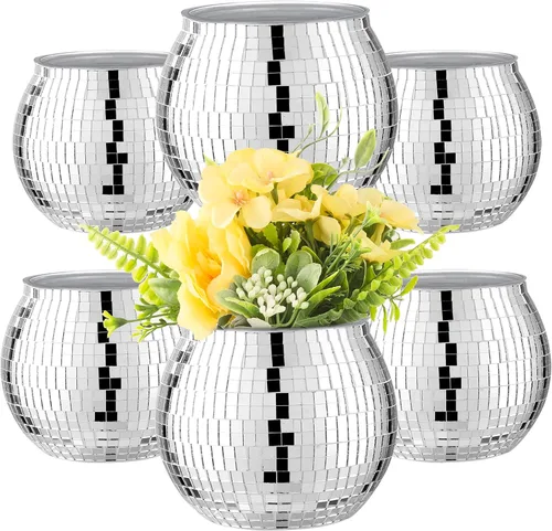 Vista 8 de 6 piezas de jarrón de bola de discoteca para centros de mesa, decoración de bola de discoteca, florero con espejo plateado para bodas, cumpleaños