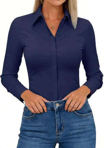 Vista 8 de Aoudery Button Down Shirts for Women Slim Fit Long Sleeve Stretch Dress Shirts Work Shirt Wrinkle Free