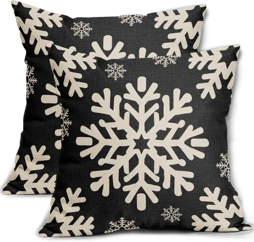 Vista 17 de Fundas de almohada decorativas de Navidad negras 40x40 cm con copos de nieve blancos de Navidad, juego de 2, temática rústica de invierno