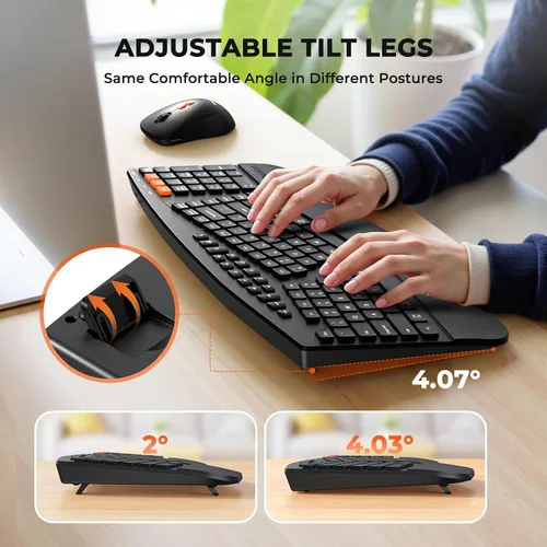 Vista 5 de MEETION Teclado y mouse ergonómicos, teclado Bluetooth multidispositivo y mouse inalámbricos, mouse ajustable de 4 DPI, teclado dividido