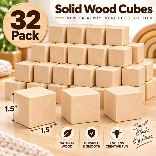 Vista 6 de Paquete de 32 bloques de madera sin terminar de 1.5 pulgadas, cubos
