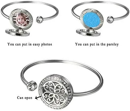 Vista 2 de Cupimatch Adjustable Tree of Life Essential Oil Diffuser Bracelet, Stainless Steel CZ Aromatherapy Locket Bangle 8 Color Pads Jewelry Set for Women