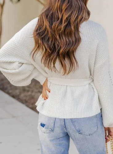 Vista 5 de Dokotoo Suéteres de cuello alto para mujer, manga larga, cintura con cinturón, suéter de punto