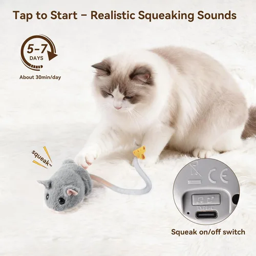 Vista 3 de Migipaws MigiMouse - Juguete interactivo para gatos con rodamiento y giro de 360° con cola de plástico de malla para gatos de interior, sensor