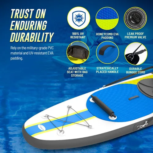 Vista 7 de Blue Water Toys Kit de tabla de remo inflable Crossover de pie o kayak: bomba, mochila, correa de bobina, paletas, asiento desmontable, límite