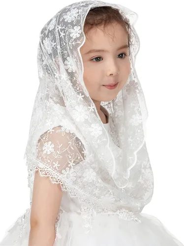 Vista 10 de PAMOR Velos infinitos de primera comunión para niñas velo capilla de encaje velo de mantilla velos de iglesia latina para bautismo católico Blanco B