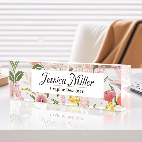 Vista 41 de Placa de identificación personalizada para escritorio, decoración de oficina de acrílico transparente con diseño de flores, decoraciones