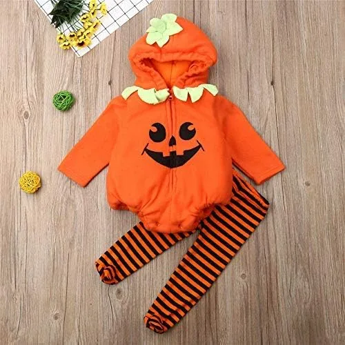 Vista 2 de Disfraz de calabaza de Halloween para bebé recién nacido lindo mameluco con capucha