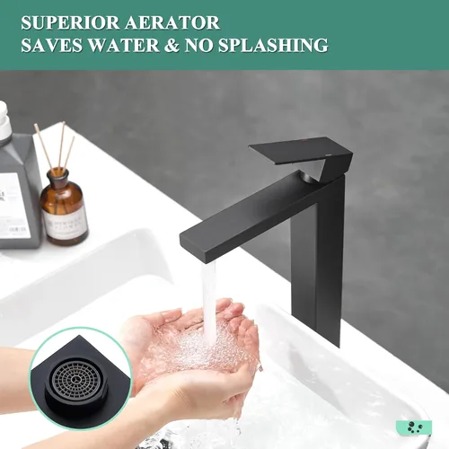 Vista 2 de Tohlar Grifo de lavabo de recipiente negro, grifo de baño alto, moderno grifo de fregadero negro de una sola manija para montaje en cubierta de 1