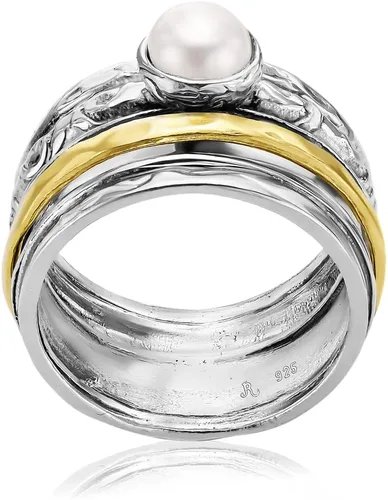 Vista 6 de 925 Sterling Silver14K Gold Plated Silver Spinner Ring Unisex, Bold Hammered BeadedFreshwater Pearl Floral Etched and Hammered, Oxidized
