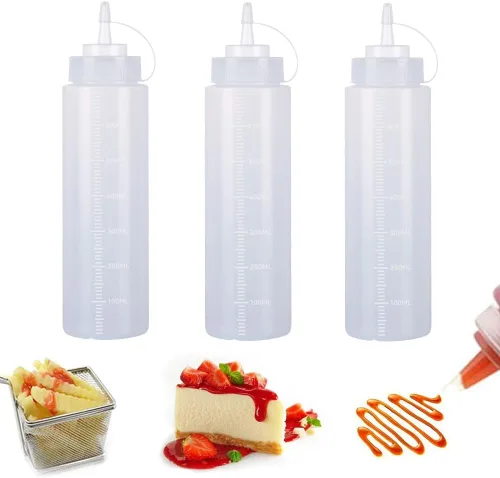 Vista 24 de Botellas de plástico de 3 colores de 12 onzas, botellas para apretar condimentos, botella multiusos para salsa de tomate, aceite, mermelada, salsa