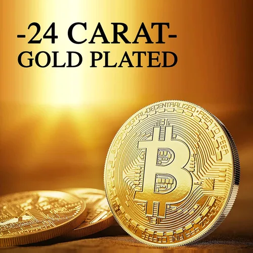 Vista 2 de Bitcoin físico chapado en oro de 24 quilates. Un verdadero artículo de coleccionista con funda protectora