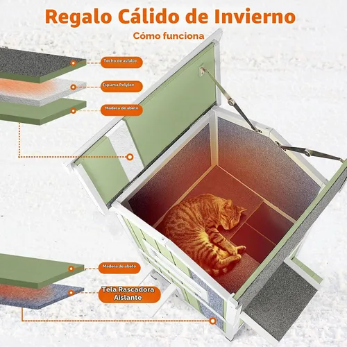 Vista 3 de Casa cálida aislada para gatos de 2 pisos, refugio resistente a la intemperie para gatos con 2 plataformas, capas térmicas, 2 puertas de escape