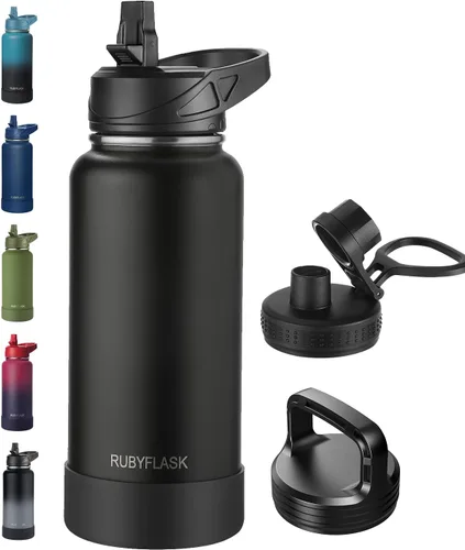 Vista 29 de RUBYFLASK - Botella de agua aislada con pajilla, jarra de agua al vacío de acero inoxidable, 24 onzas, botella con 3 tapas a prueba de fugas