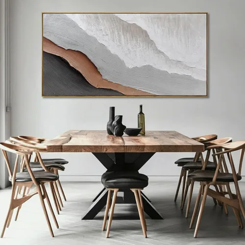 Vista 4 de Arte de pared blanco texturizado, arte abstracto gris, imágenes modernas enmarcadas grandes, pintura al óleo de paisaje ondulado, 24 x 48 pulgadas