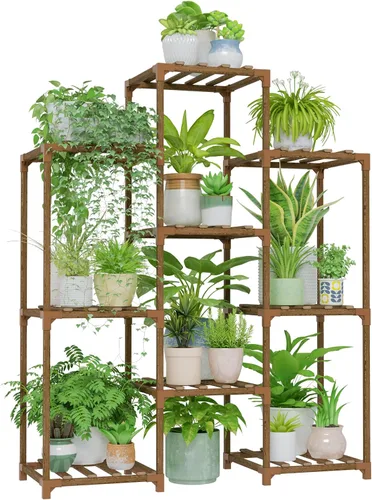 Vista 25 de Bamworld - Soporte esquinero para plantas de interior y exterior, mesa pequeña para varias plantas, estante de madera para jardín, patio, césped
