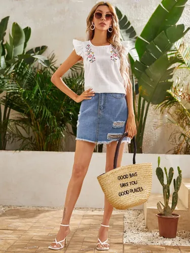 Vista 5 de WDIRARA - Blusa a rayas con volantes, manga casquillo y cuello en V con muesca para mujer