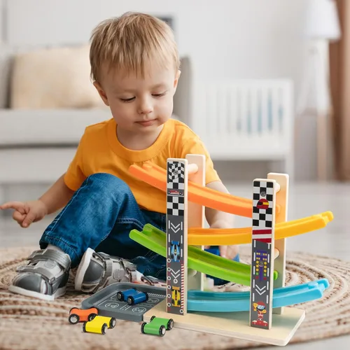 Vista 3 de Wood City Set de Juguetes de Rampa y Carrera de Coches de Madera con 4 Coches en Miniatura y Pistas de Carrera, Juguetes para Niños de 1, 2, 3 Años