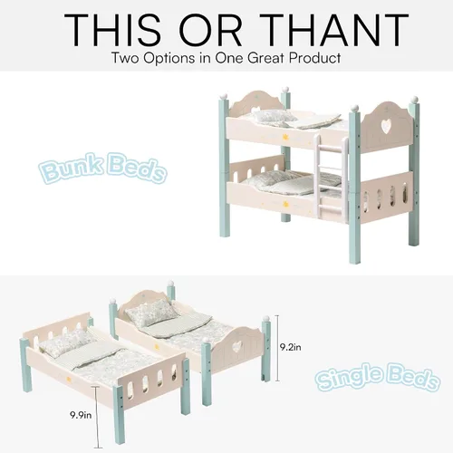 Vista 8 de ROBOTIME Literas de muñeca de bebé, cunas de madera para muñecas de 18 pulgadas, cama apilable para muñecas de muñeca para muñecas americanas