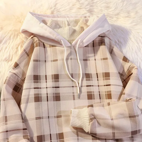 Vista 3 de Skateboard Frog Ropa de otoño e invierno para mujer, sudaderas con capucha a cuadros falsas de dos piezas, cuello de tortuga de vellón, suéter