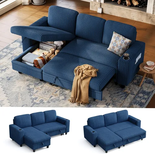 Vista 21 de LINSY HOME - Sofá seccional con cama extraíble y sofá cama deslizable, sofá convertible de pana mullida tipo nube con chaise de almacenamiento