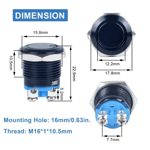 Vista 3 de Paquete de 2 interruptores de botón momentáneos de metal de 0.630 in, impermeables, IP66, terminales de tornillo antivandálicos de 12 V, 24 V, 36 V