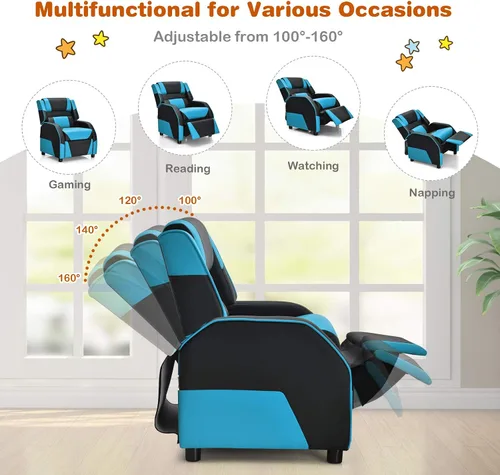 Vista 4 de Giantex Silla reclinable para niños, silla reclinable para juegos con reposapiés, reposacabezas y soporte lumbar, silla ergonómica de cuero para Azul