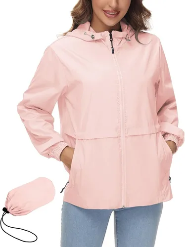 Vista 5 de Avoogue Chaqueta impermeable para mujer, ligera, plegable, con capucha, rompevientos para exteriores