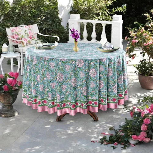 Vista 3 de Ridhi Mantel redondo con estampado de bloques a mano, color azul turquesa