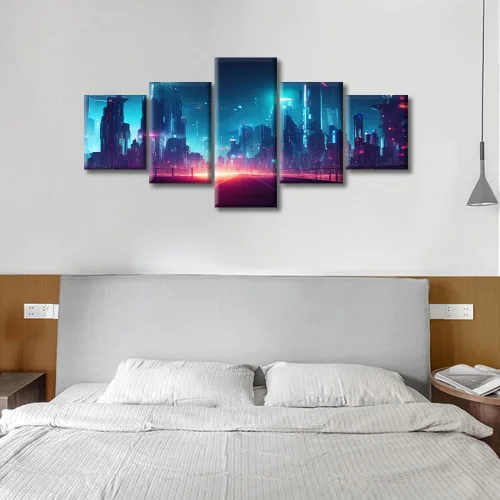 Vista 344 de Cuadros de 5 paneles de Cyberpunk City, arte de pared, representación de vallas publicitarias, edificios modernos en la capital con obras de arte