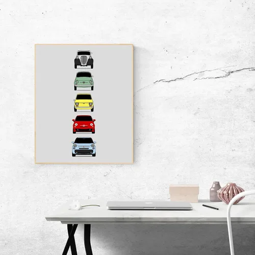Vista 3 de Custom Car Posters Póster hecho a mano compatible con Fiat 500 generaciones e impresión de Fiat 500 (Topolino, 500 Nuova, 126, 500 L), multicolor