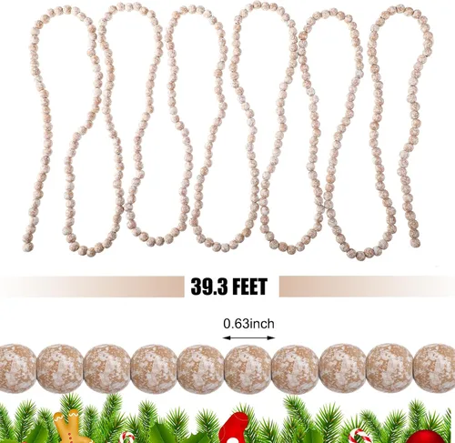 Vista 4 de FairySandy Guirnalda de cuentas de madera de Navidad de 39.3 pies, guirnalda redonda de cuentas de madera esmerilada, decoración rústica de Navidad