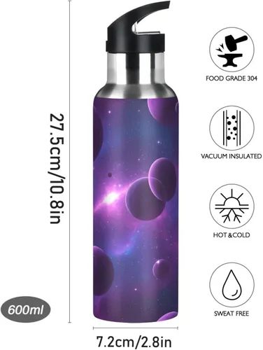 Vista 9 de Stainless Steel Vacuum Insulated Water Bottle 20 Oz, BPA-Free Sport Water Bottle for Gym Outdoor Travel School, Cosmic Scene Purple Planets