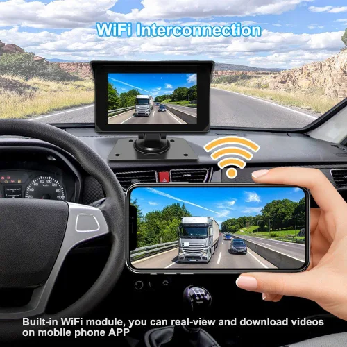 Vista 8 de VSYSTO Truck Carplay, 5 "pantalla táctil WiFi 3CH Truck Dash Cam, navegación GPS, Monitoreo de estacionamiento, Cámaras frontal e izquierda