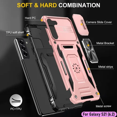 Vista 3 de Funda resistente para Samsung Galaxy S21, protector híbrido de goma de doble capa de grado militar con protector de cámara deslizante, soporte