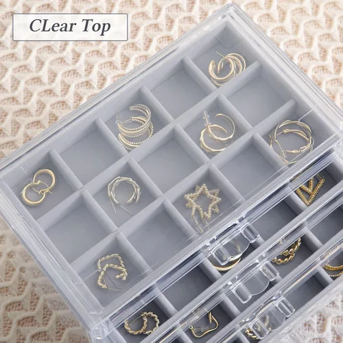 Vista 2 de misaya Organizador de aretes de acrílico con 75 ranuras, 5 cajones, organizador de joyas transparente solo para aretes, regalo para mamá, gris