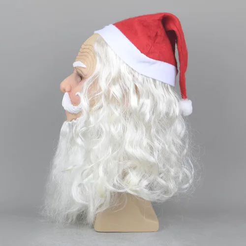 Vista 3 de Máscara de Papá Noel realista de látex con barba y sombrero rojo para adultos y niños, disfraz de cosplay de Navidad, talla única