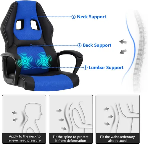 Vista 6 de Silla de juegos de PC, silla de oficina de masaje, silla de carreras, silla de escritorio ergonómica con soporte lumbar, silla ejecutiva ajustable
