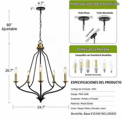 Vista 2 de Candelabro de 5 luces color negro mate y latón, 25 pulgadas, color dorado cepillado, iluminación colgante moderna para isla de cocina, comedor