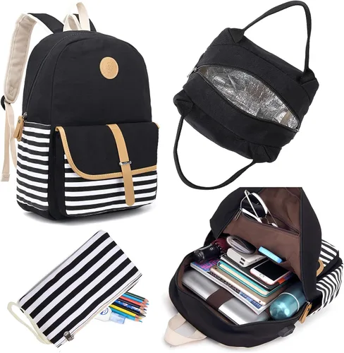 Vista 7 de Mochila escolar para adolescentes y mujeres, lindo juego de mochila universitaria de lona a rayas con bolsa de almuerzo, bolsa para lápices