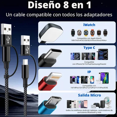 Vista 2 de Cruise Essentials Cable de Carga 4 en 2 para Cargador Apple iWatch/iPhone 17/Lightning/Micro, Cable Cord de Carga Múltiple de Viaje Compatible