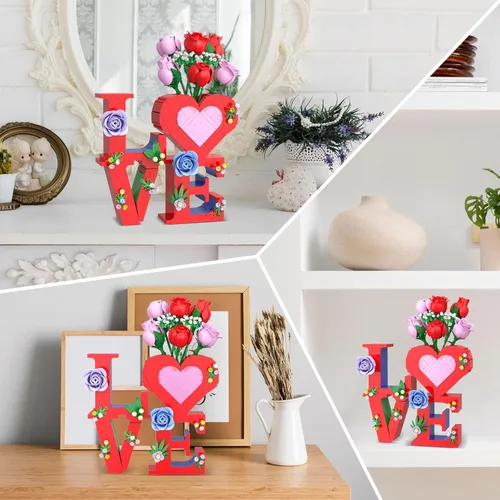 Vista 3 de QIFUN Juego de construcción de florero de corazón romántico de amor, 1216 piezas de ramo de flores de rosas para adultos, regalos creativos