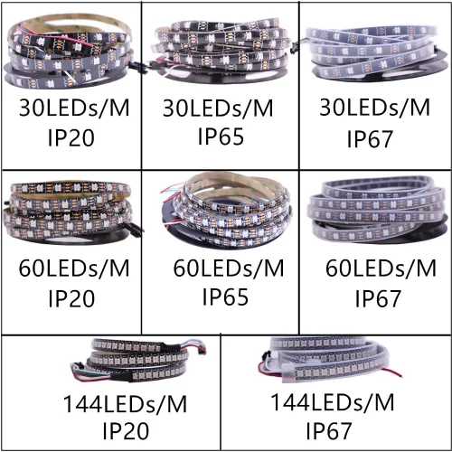 Vista 6 de WS2812B Tira de luz LED direccionable individual SMD 5050 144Pixeles RGB Pixel Strip DC5V (3.2FT 144LEDS no impermeable, PCB negro)
