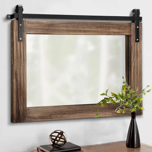Vista 13 de AAZZKANG Espejo con marco de madera, estilo de puerta de granero, rectangular, decorativo, baño, dormitorio, tocador, decoración de pared del hogar