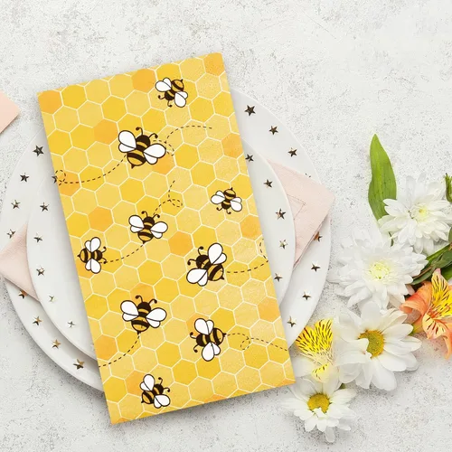 Vista 6 de Whaline Servilletas de 3 capas desechables de abeja para invitados, paquete de papel desechable de panal amarillo, toalla de mano para feliz día