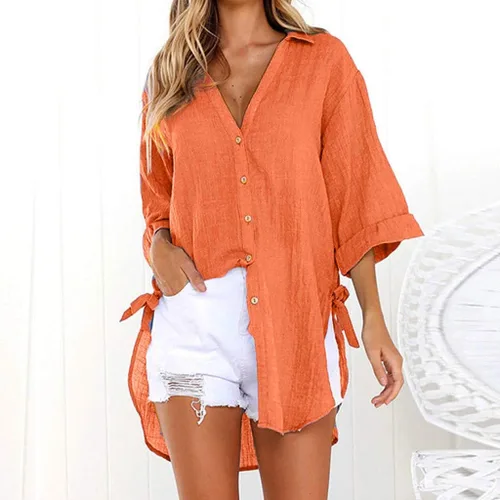 Vista 8 de Camisas de manga larga con botones para mujer, asimétricas, casuales, con cordones, túnica de gran