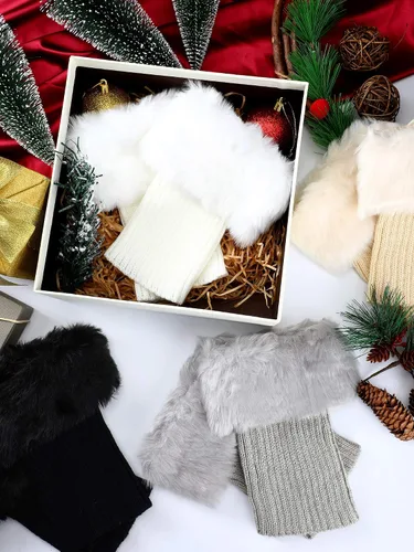 Vista 7 de 4 Pairs Women Faux Fur Trim Boot Cuff Winter Knitted Furry Top Cover Leg Warmers Girls Boot Socks