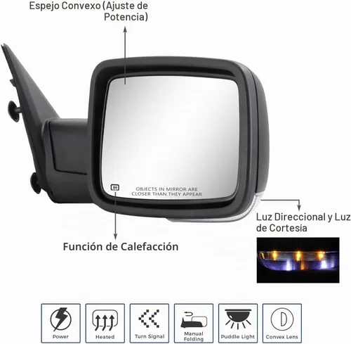 Vista 2 de Sanooer Espejo lateral derecho para Dodge Ram 1500 09-18 y 10-18 2500-5500 Negro