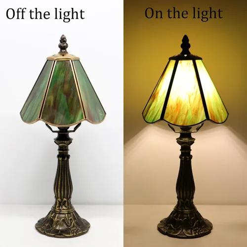 Vista 4 de Small Tiffany Style Table Lamp Amber Green Stained Glass Lamp 14 Inch